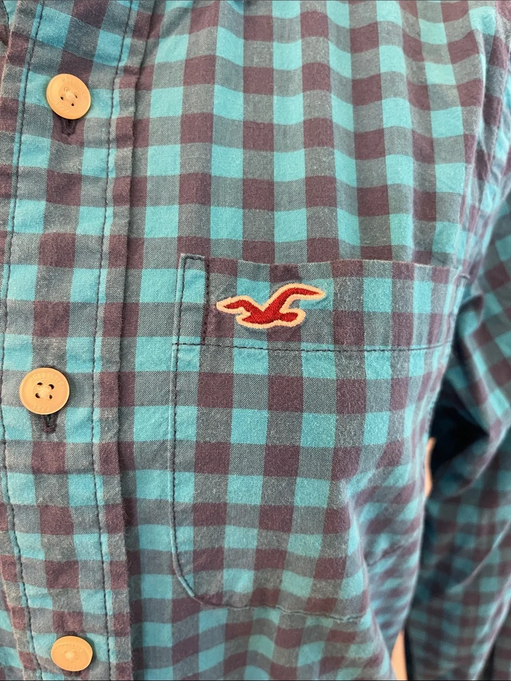 Hollister Small Teal and Blue Plaid Button-Down Shirt